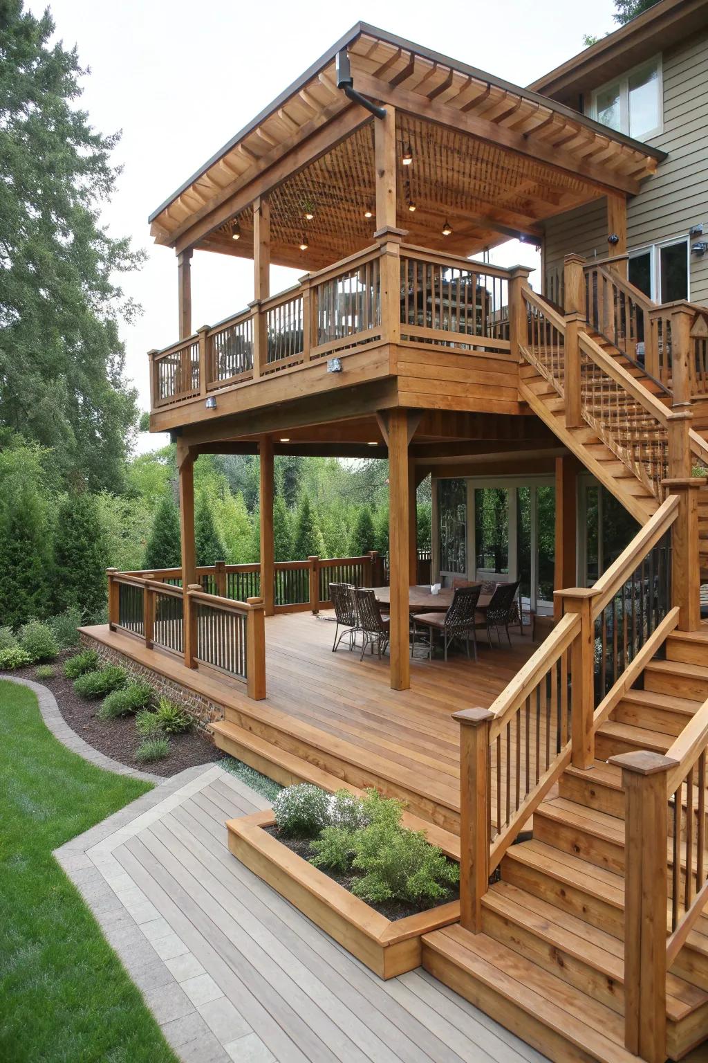 Multi-level designs add dimension and interest to patio covers.