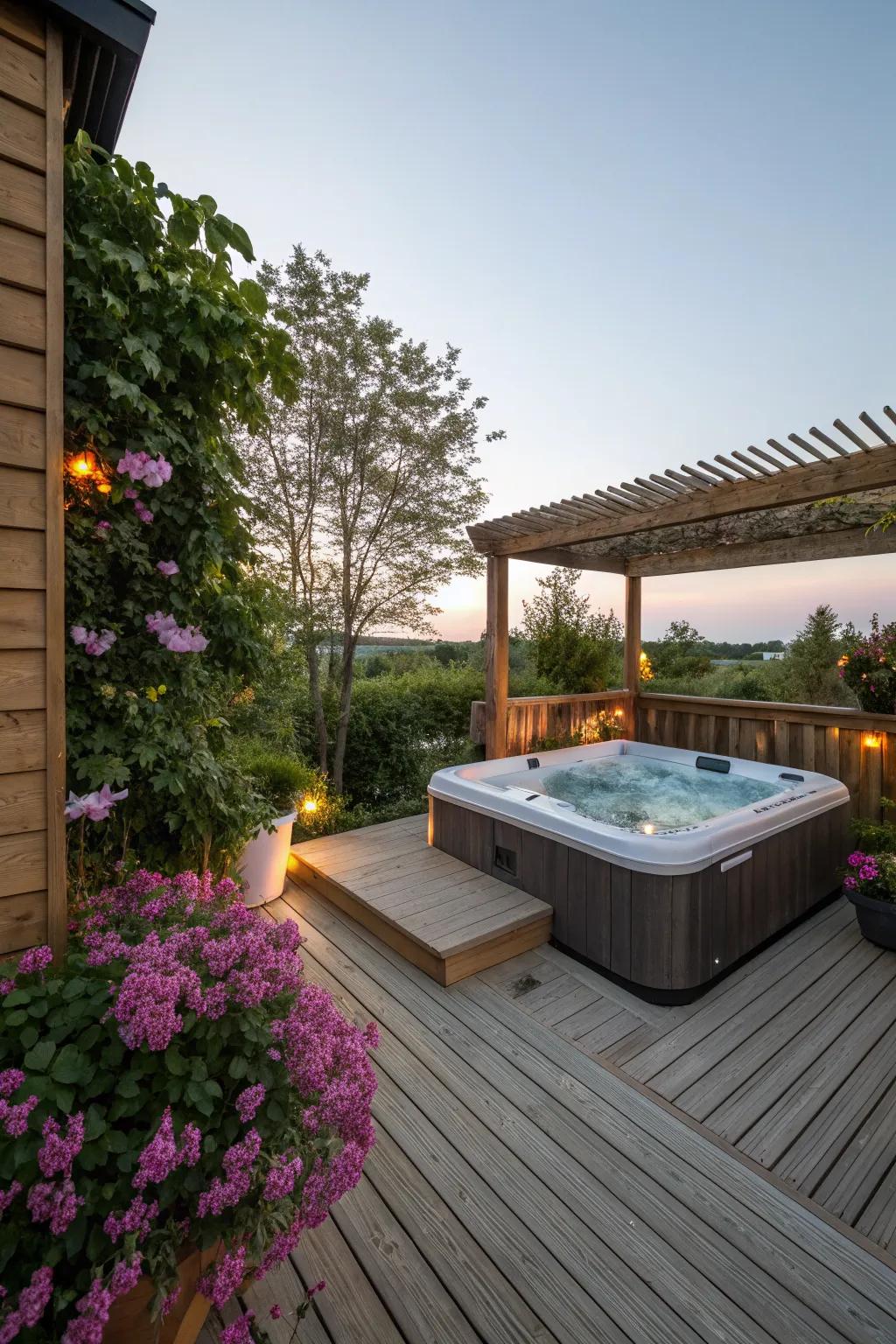 A wooden patio deck transformed by a luxurious hot tub.