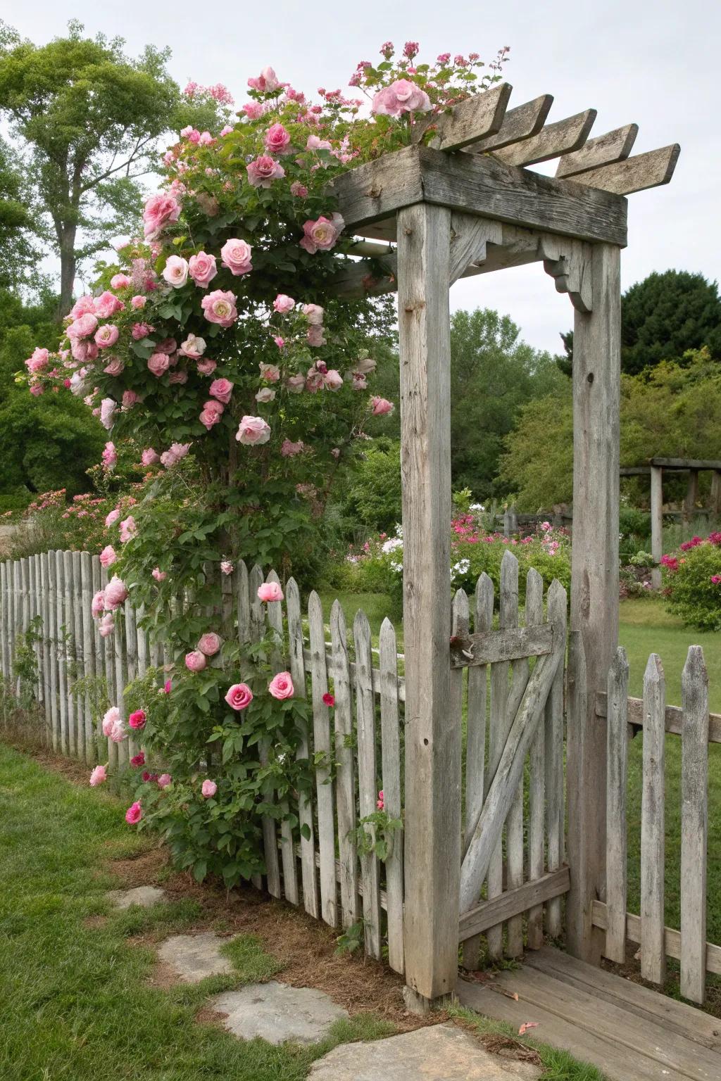 An arbor adds a charming entryway to this picket fence.