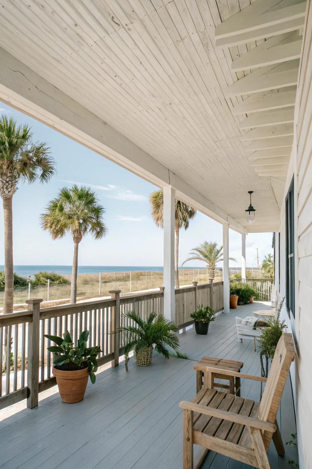Whitewashed wood ceiling offers a fresh feel.