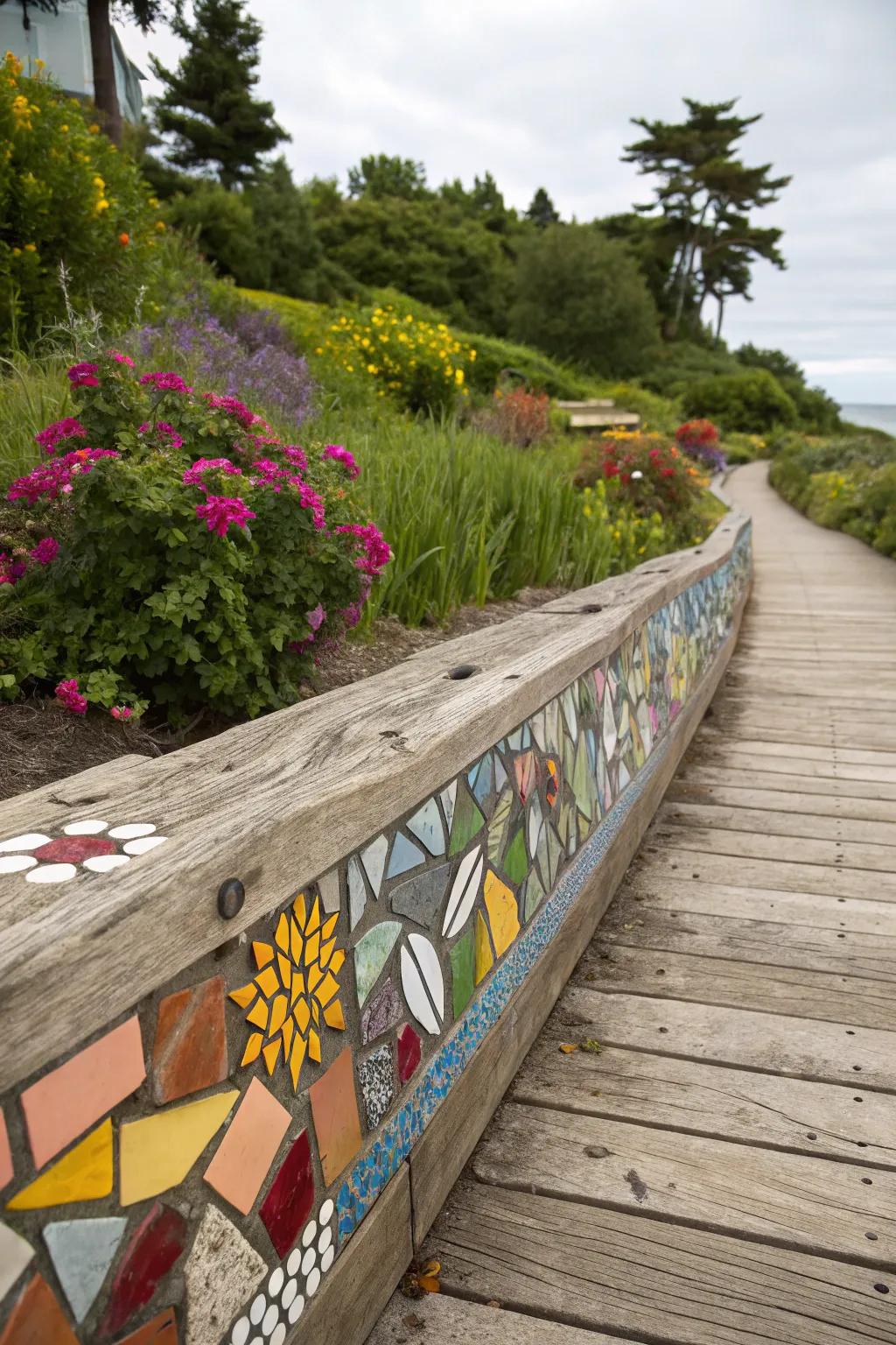 Mosaic tiles bring a splash of color to this creative seawall design.