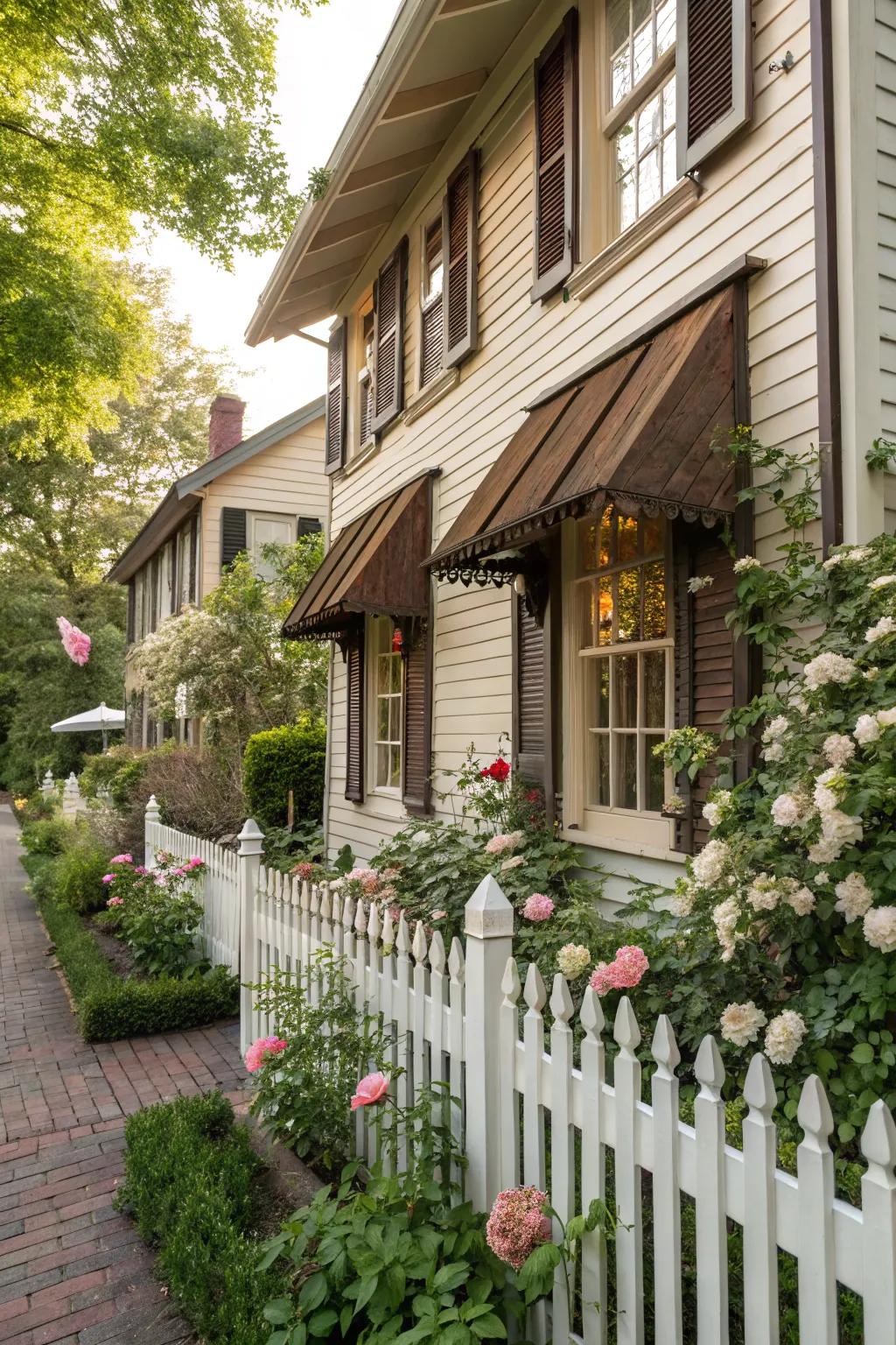 Vintage-inspired awnings bring nostalgic charm to classic homes.