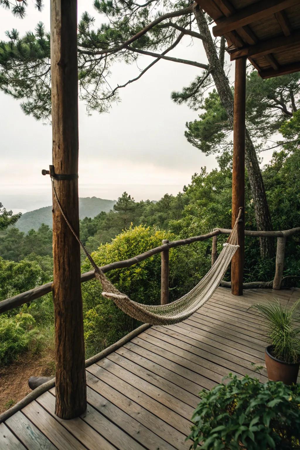A hammock provides a perfect relaxation spot.