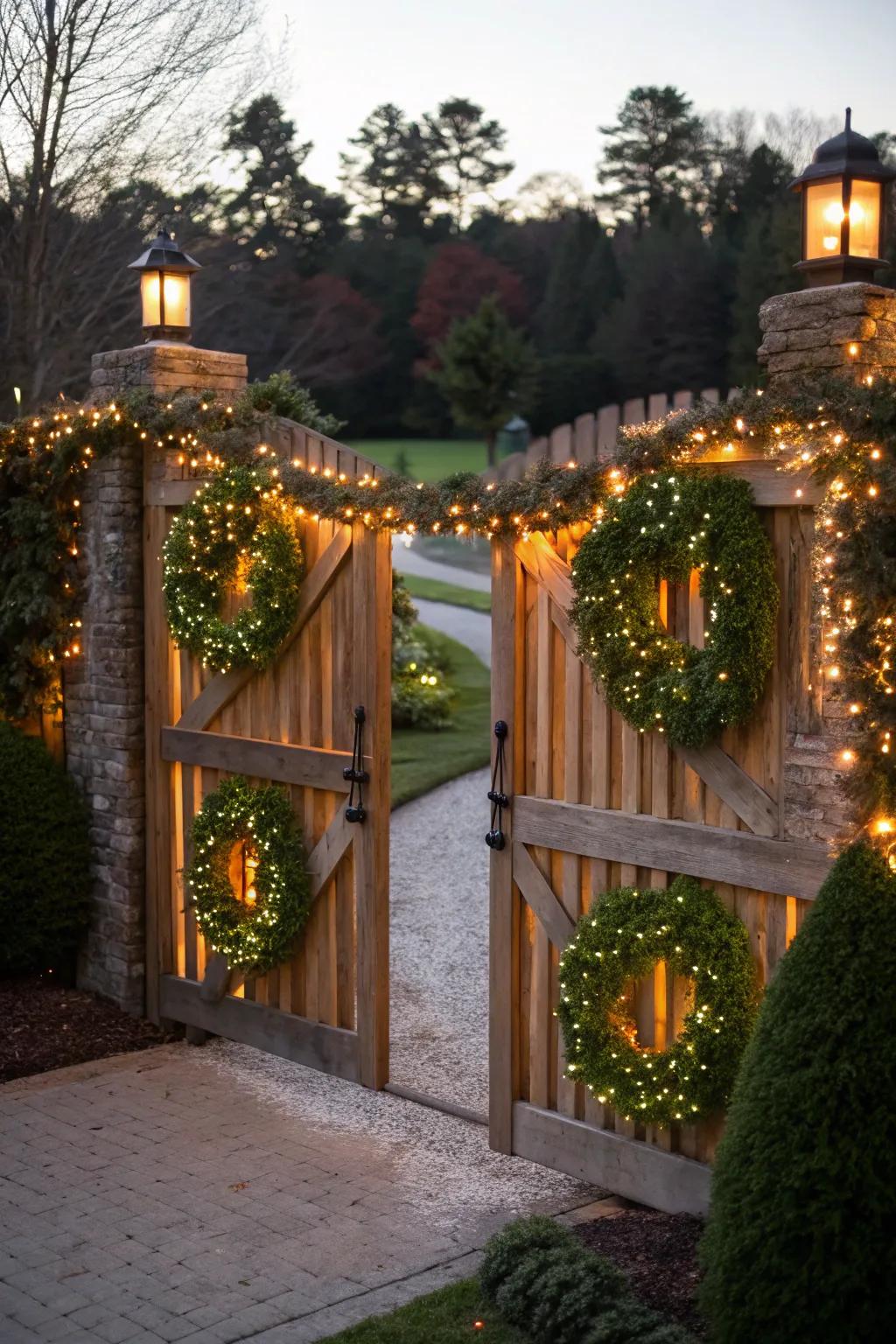 A gate adorned with seasonal decor for festive charm.