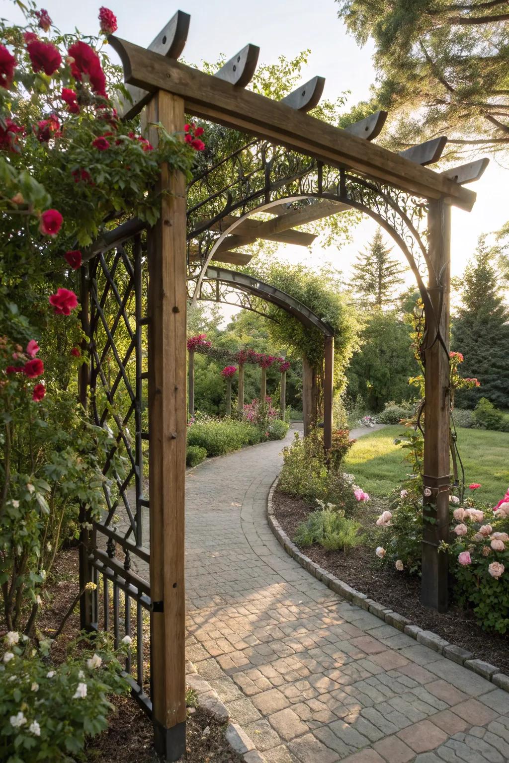 Artistic iron accents elevate this wooden arbor.