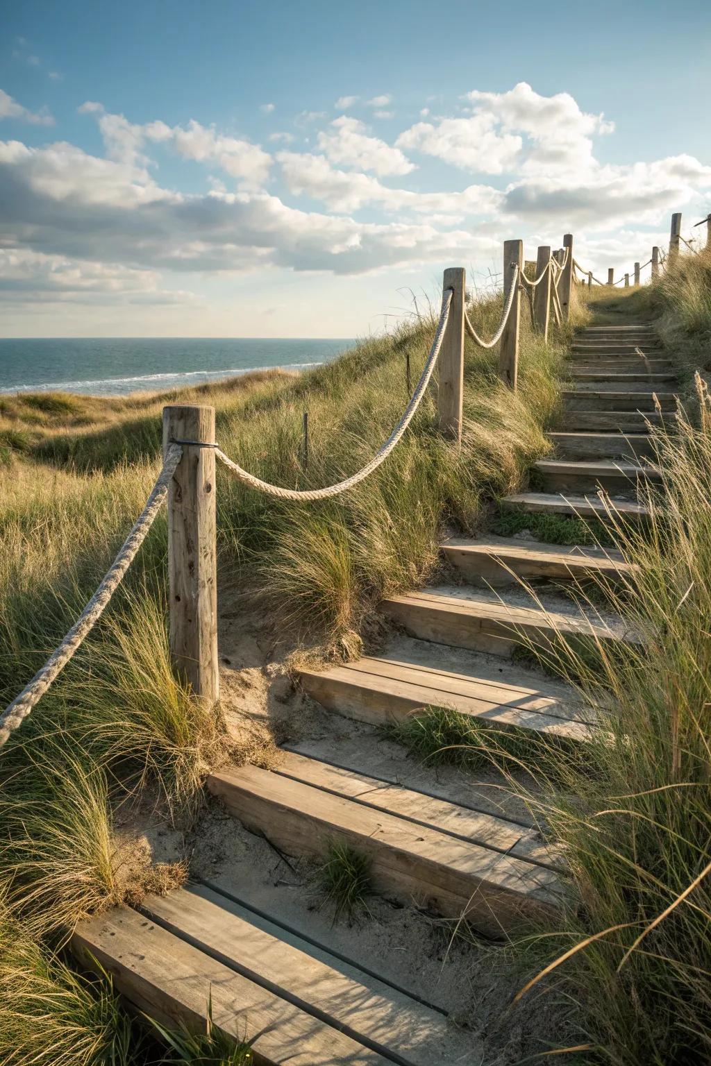 Coastal-inspired steps with nautical rope railings.