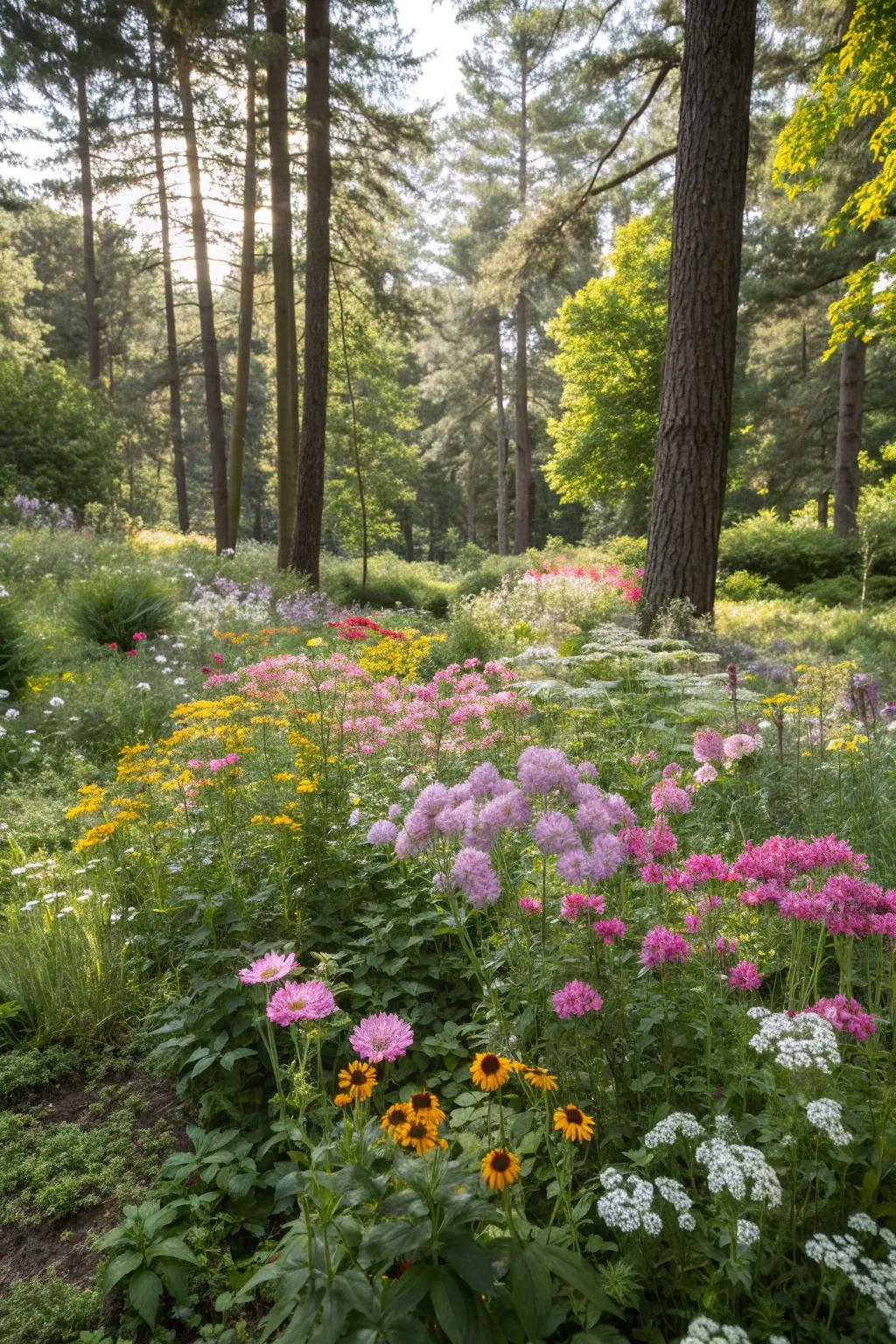 A wildflower patch adds seasonal color and attracts pollinators.