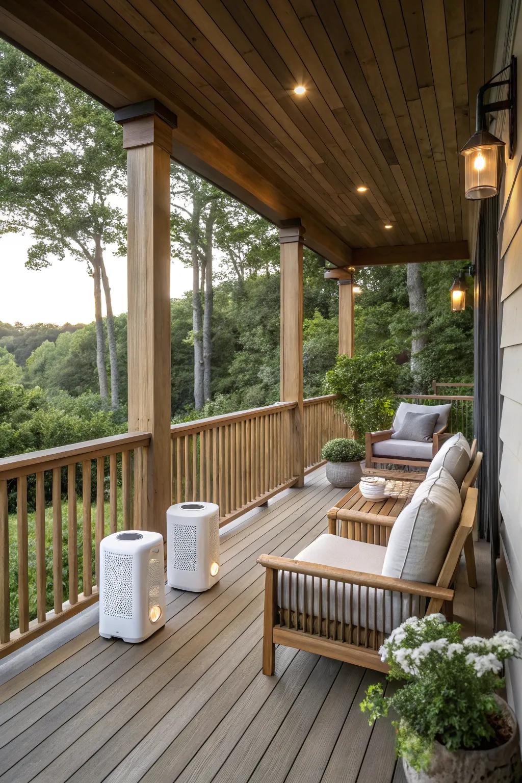 Integrated sound system on a wrap around porch