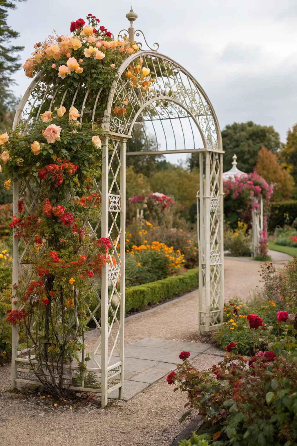 A trellis bursting with seasonal blooms offers year-round beauty.