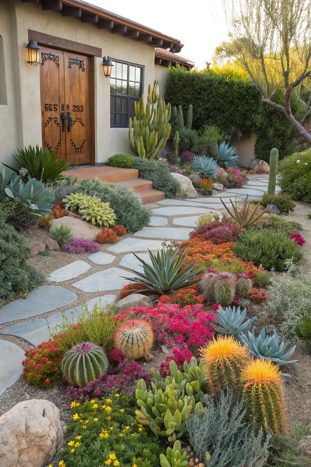 A maximalist xeriscape front yard brimming with plant variety.
