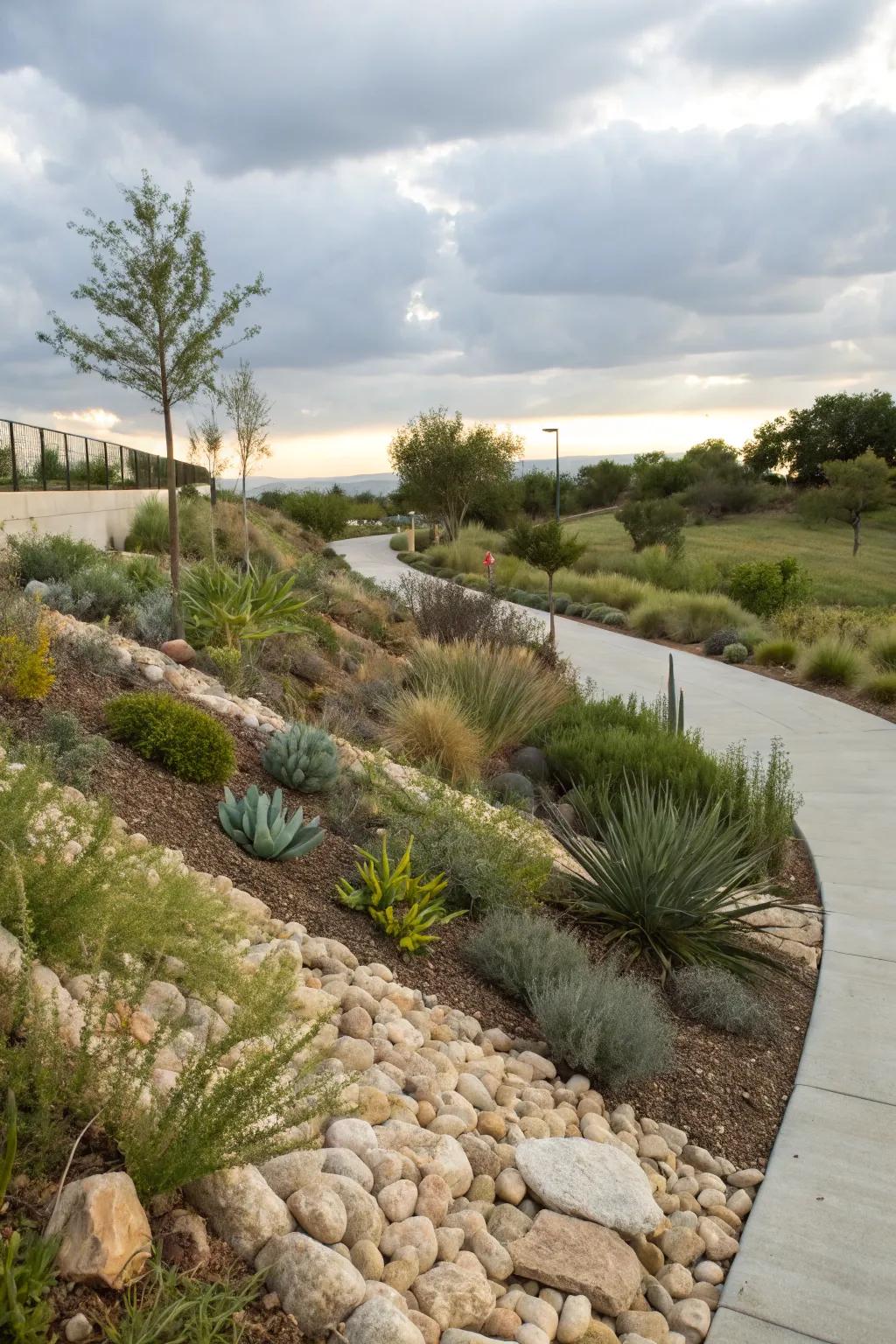 A bioswale in a xeriscape garden for efficient water management.