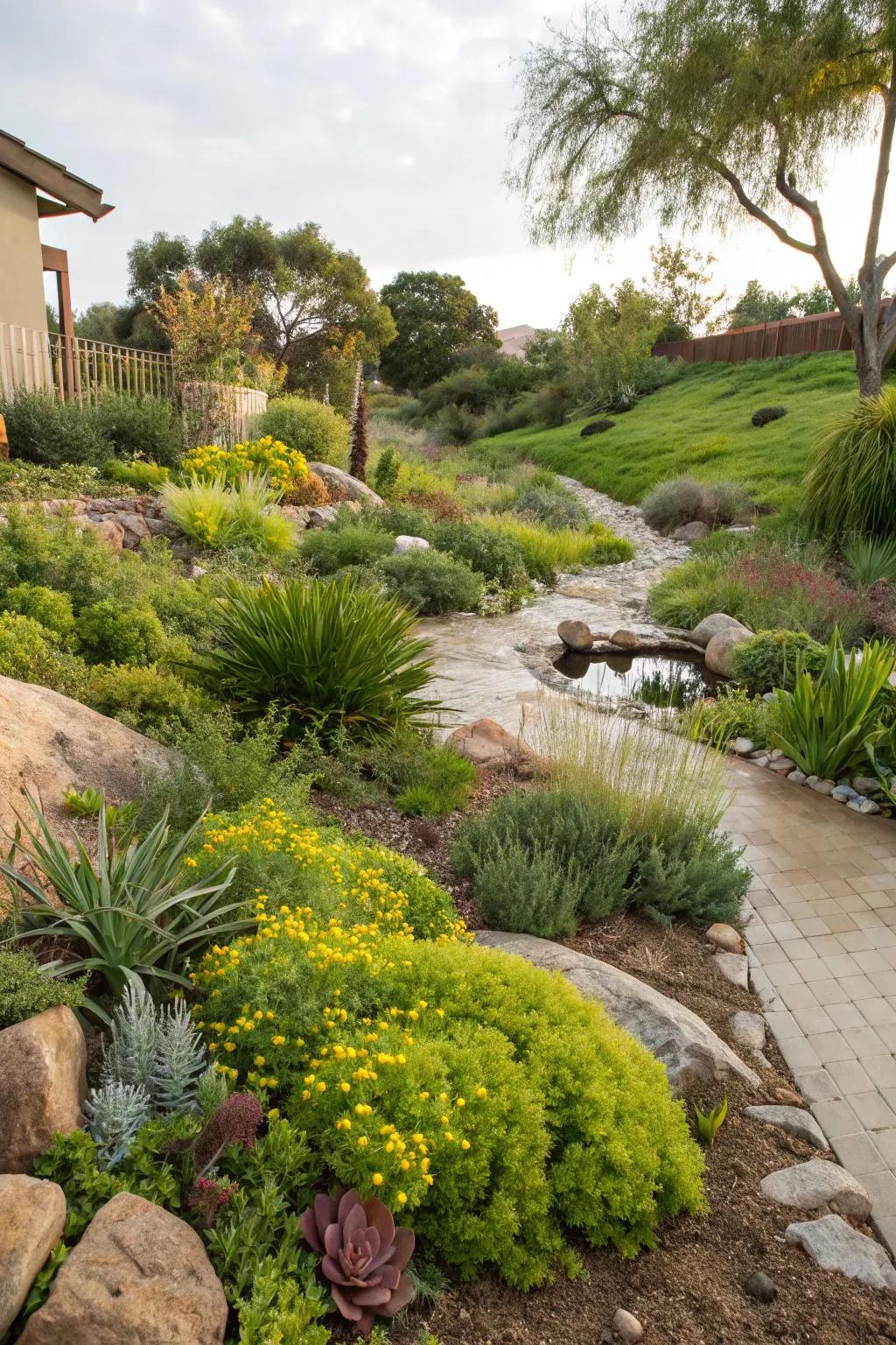 Rain gardens manage runoff and add lushness.