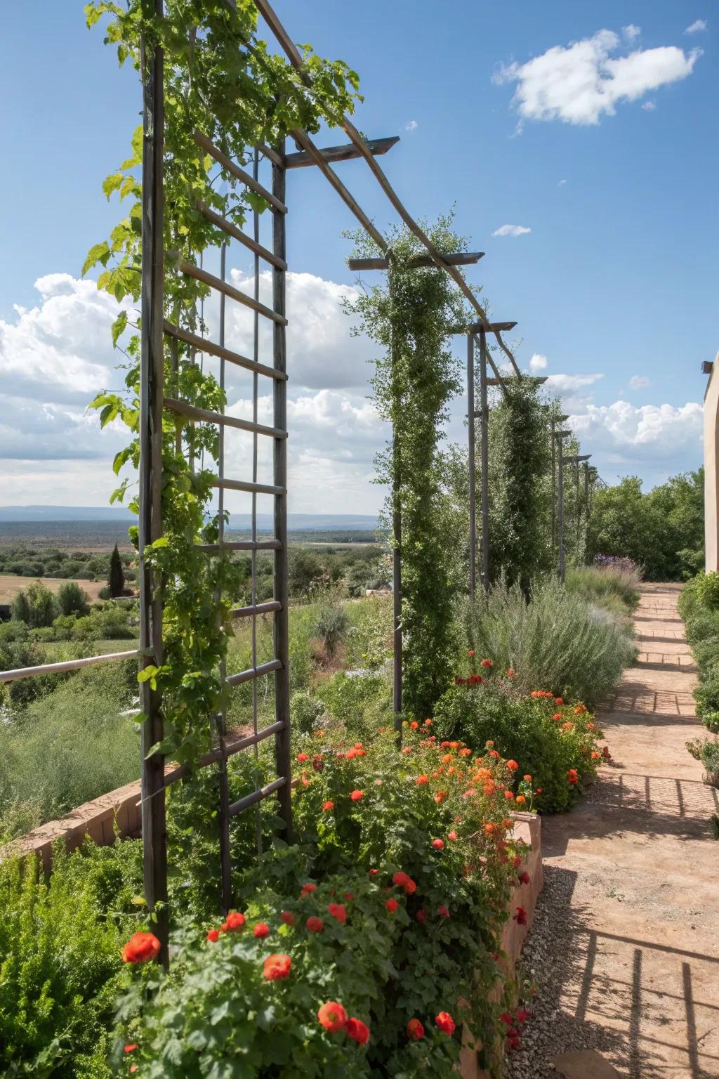 A vertical garden with trellises and climbing vines enhancing a New Mexico xeriscape.