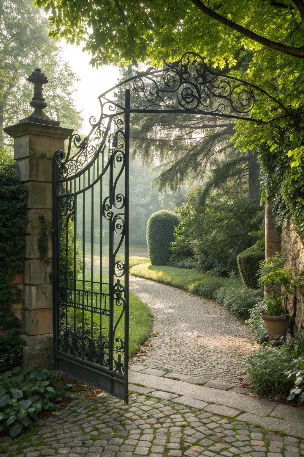 Iron gates offer elegance and a grand entrance.