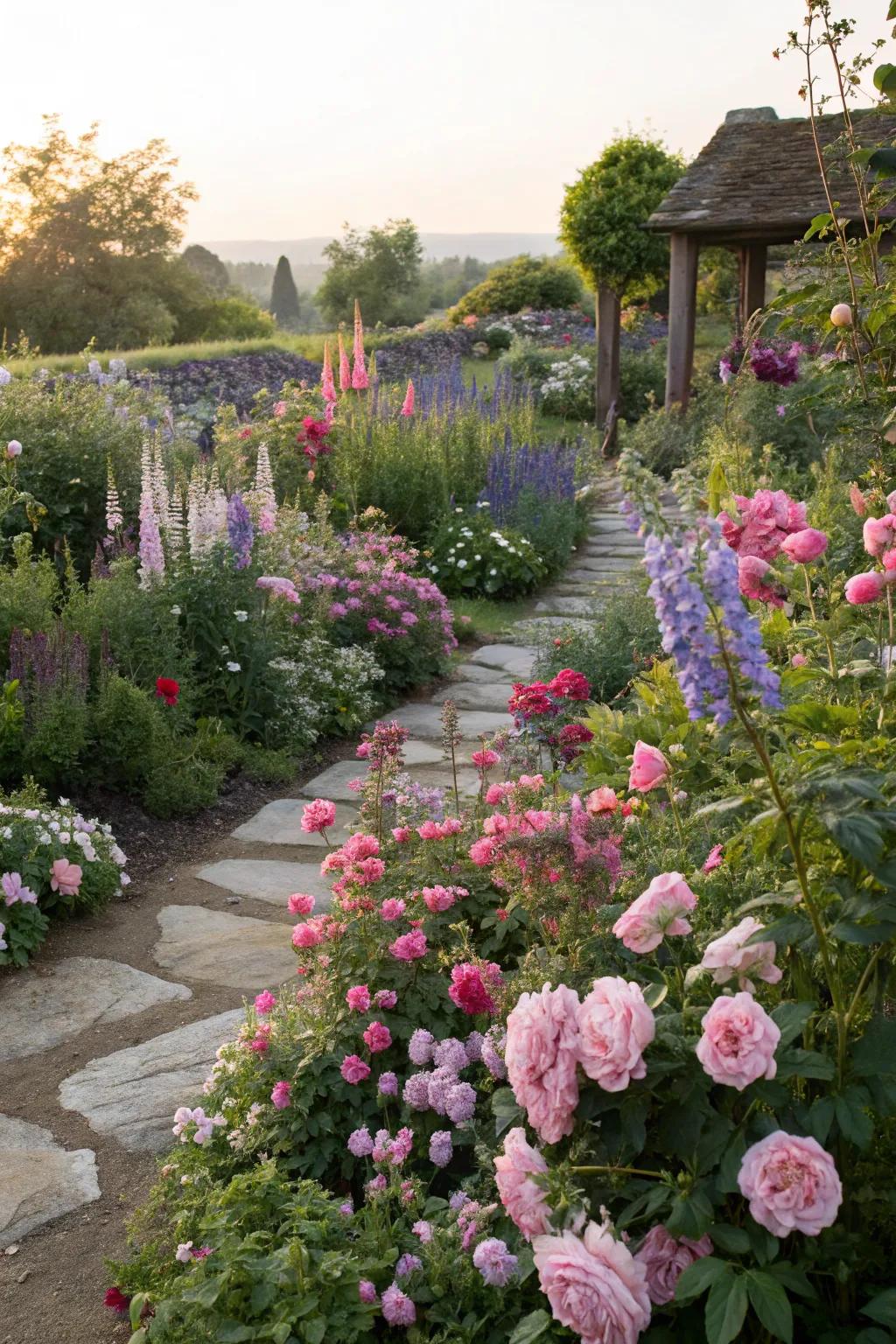 A cottage garden island filled with charming, fragrant blooms.