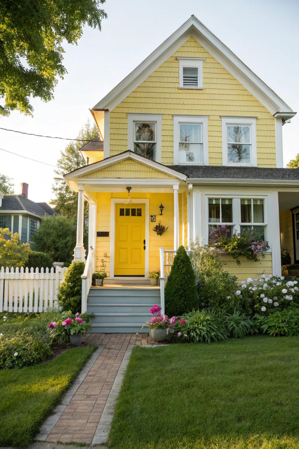 Sunshine yellow doors create a cohesive, cheerful look.
