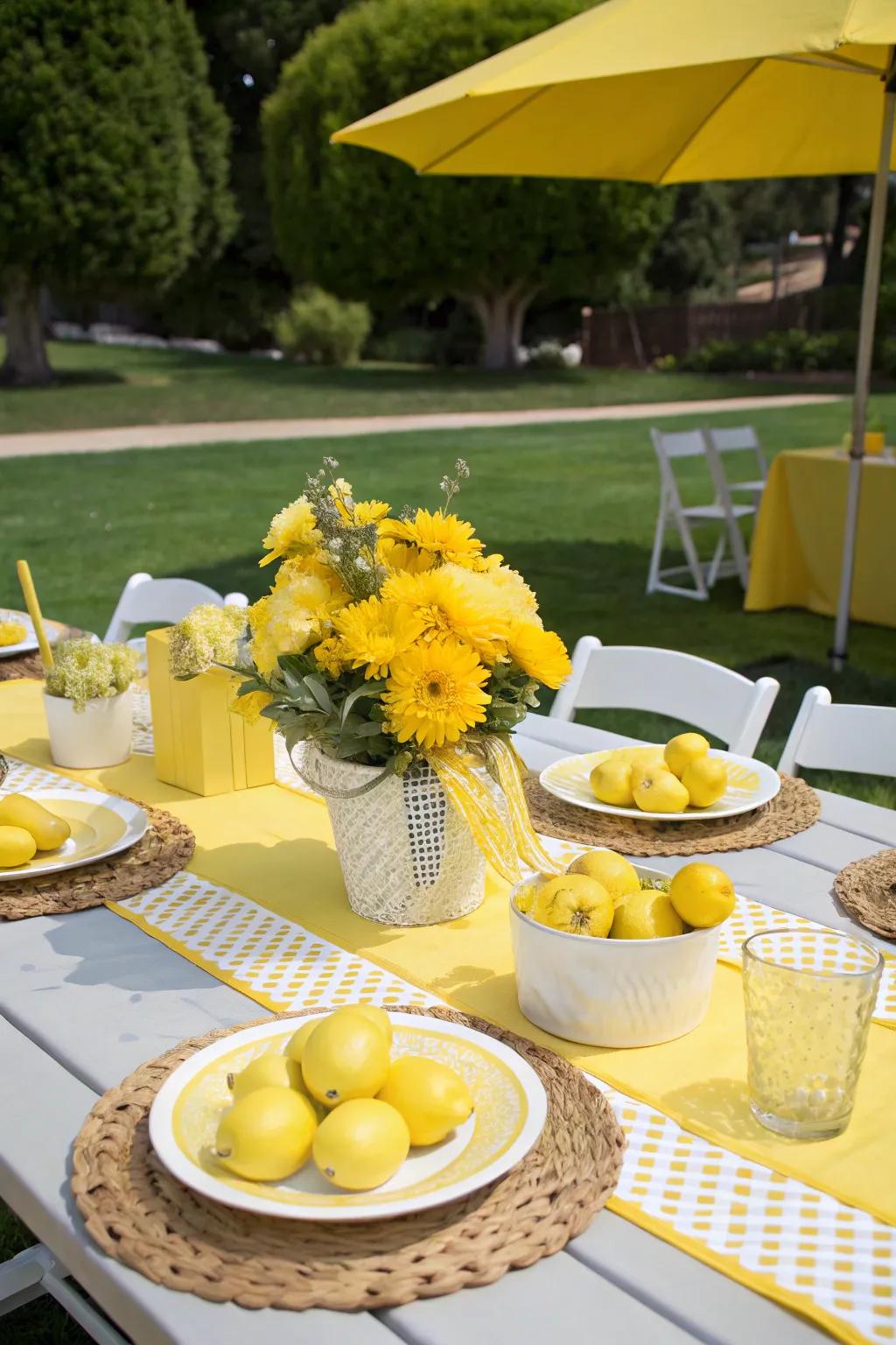 Lemon centerpieces that add a refreshing touch to the picnic table.