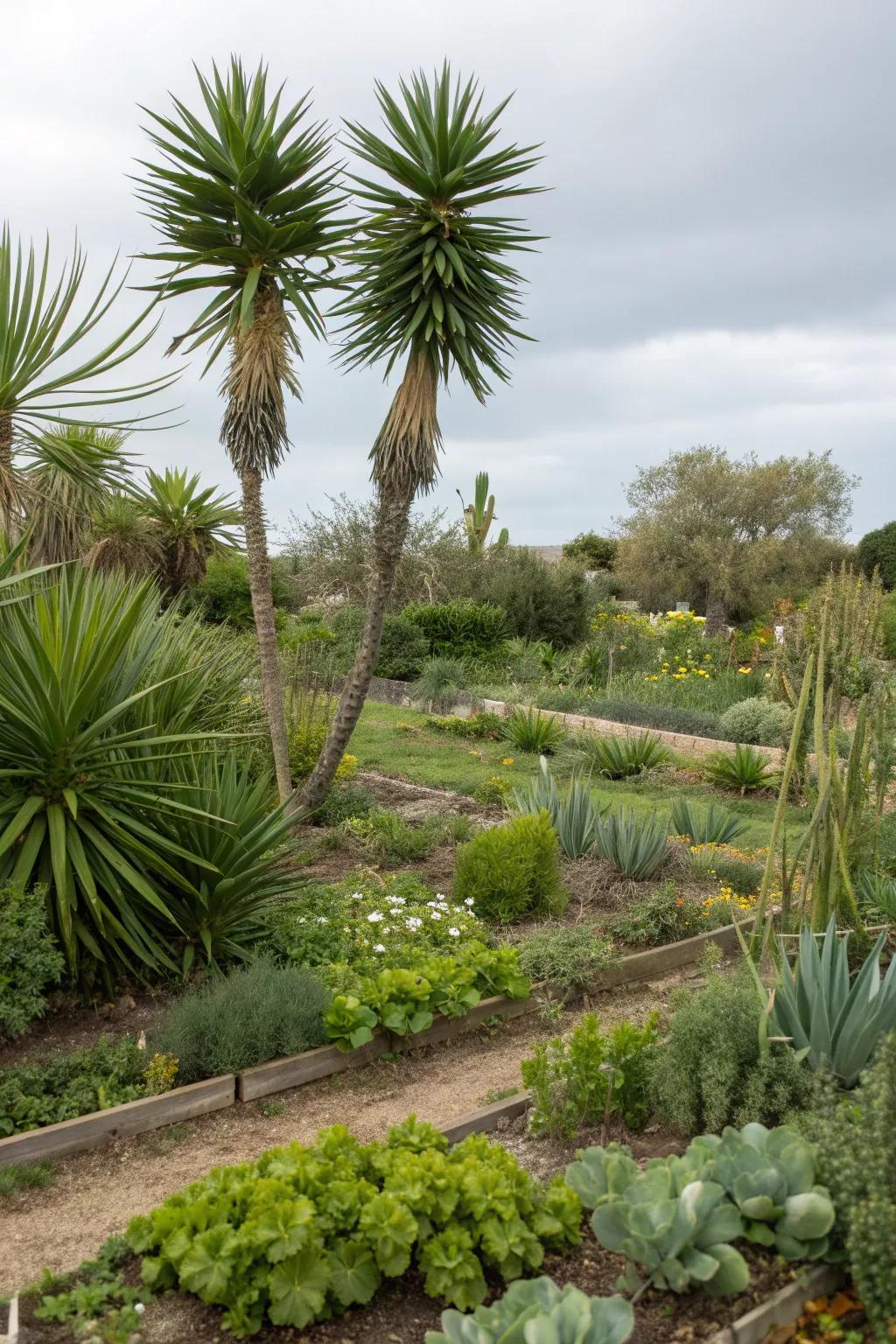 Yucca plants in an edible garden setting.