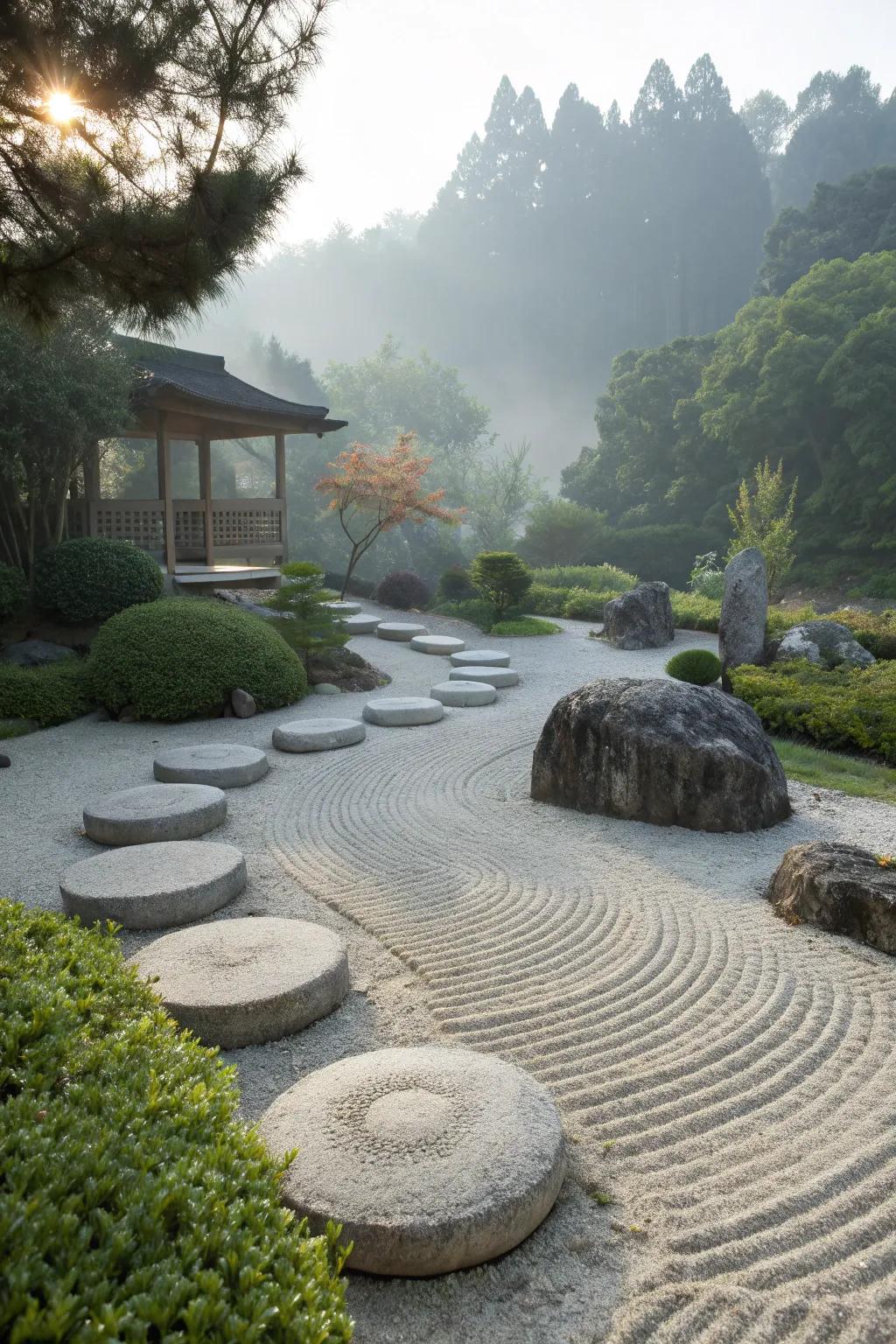 Floating stone platforms add a dynamic element to a zen garden.