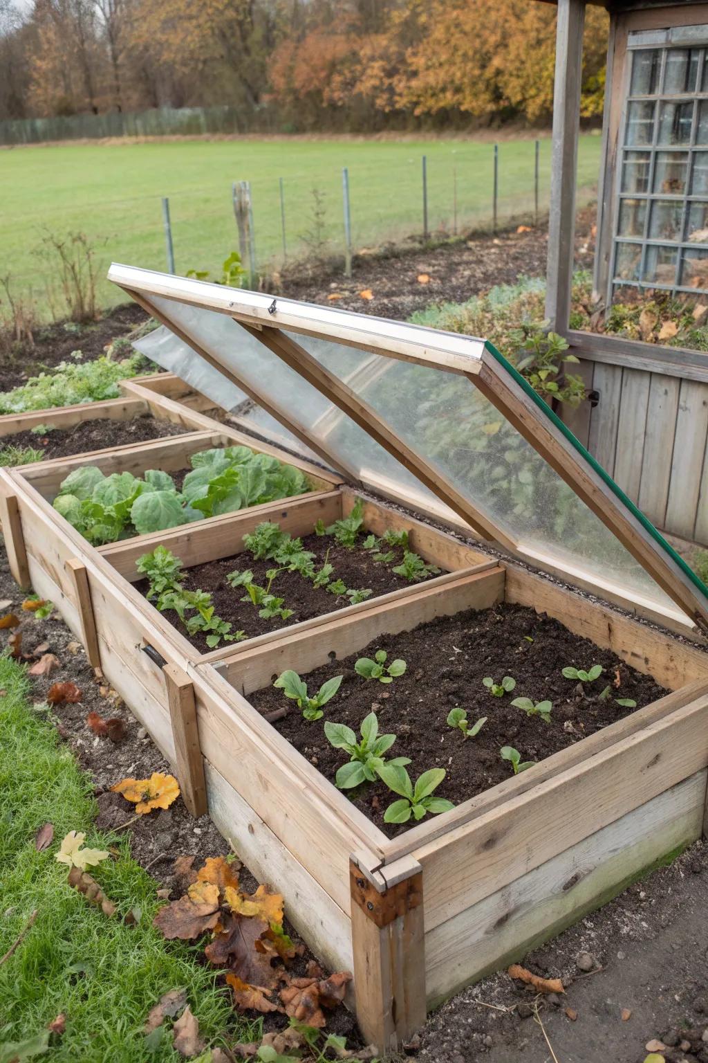 Cold frames protect plants and extend the growing season.