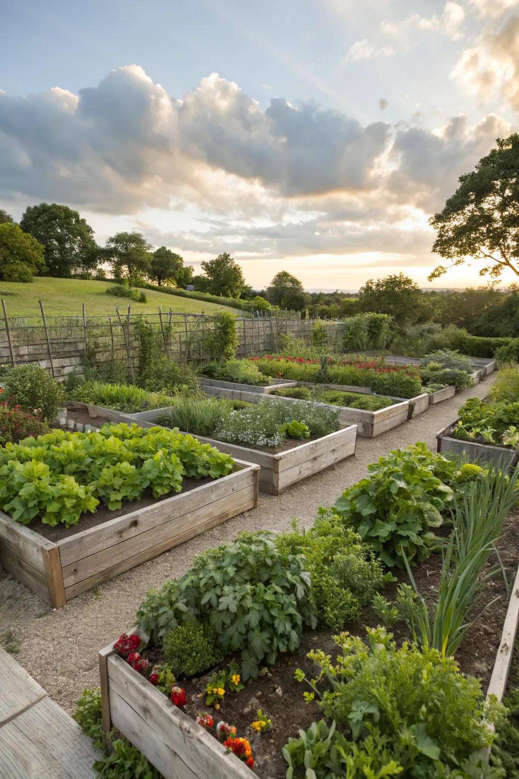 Raised beds adding structure and efficiency to a zone 7 garden.