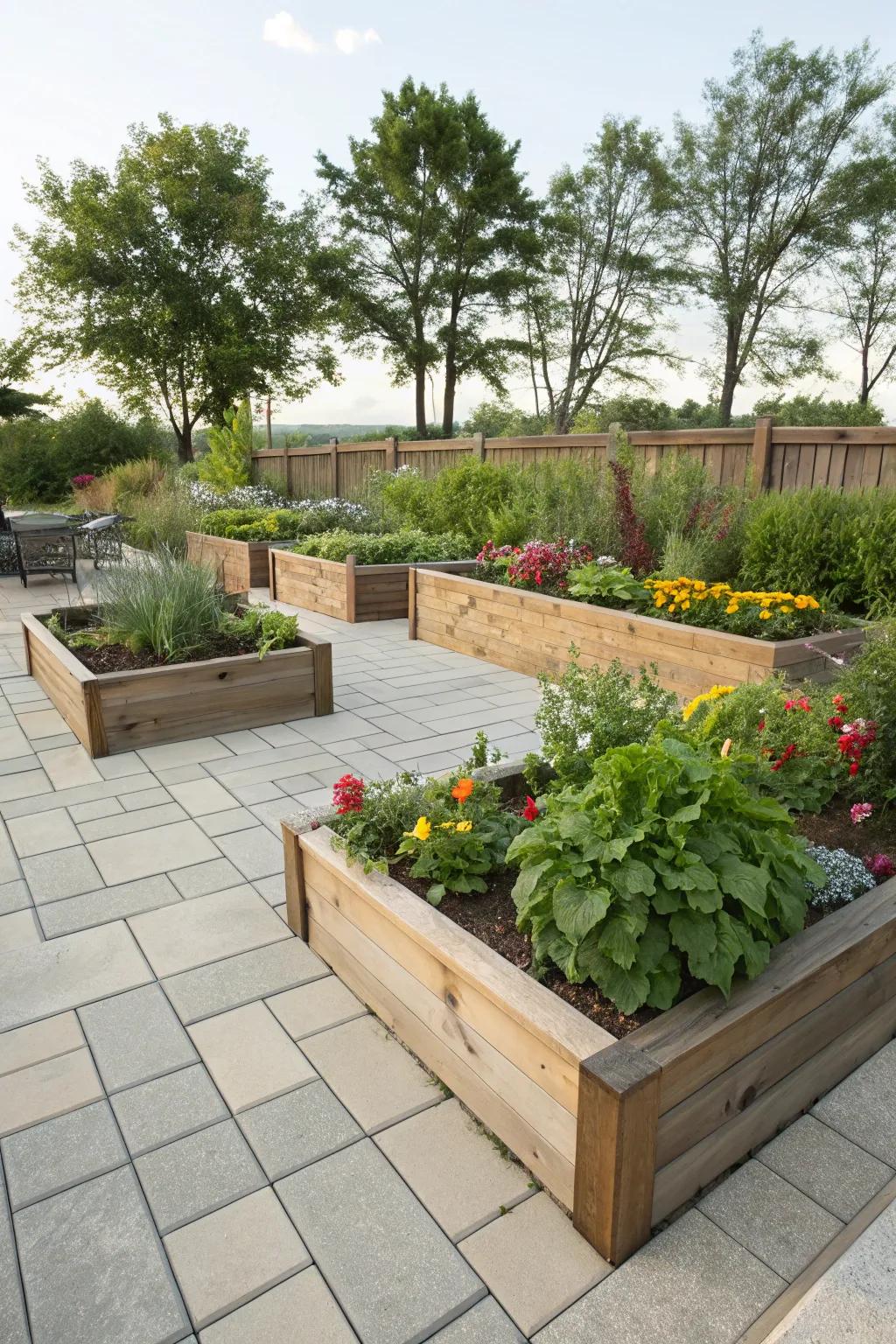 Combine garden beds with your patio for a lush, green touch.