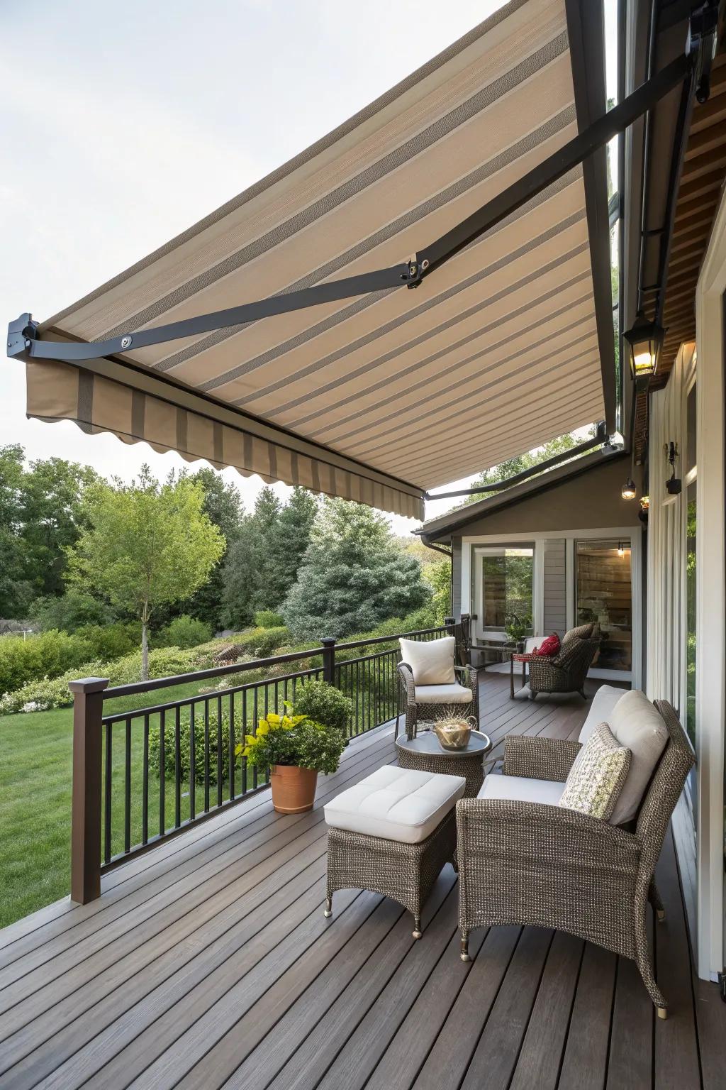 A retractable awning offers flexible comfort on the deck.