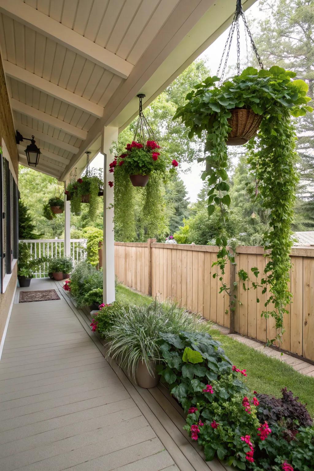 Vertical space utilized for a lush, green porch environment.