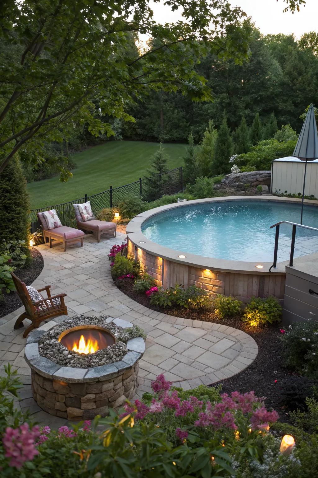 A fire pit adds warmth and ambiance to your poolside evenings.