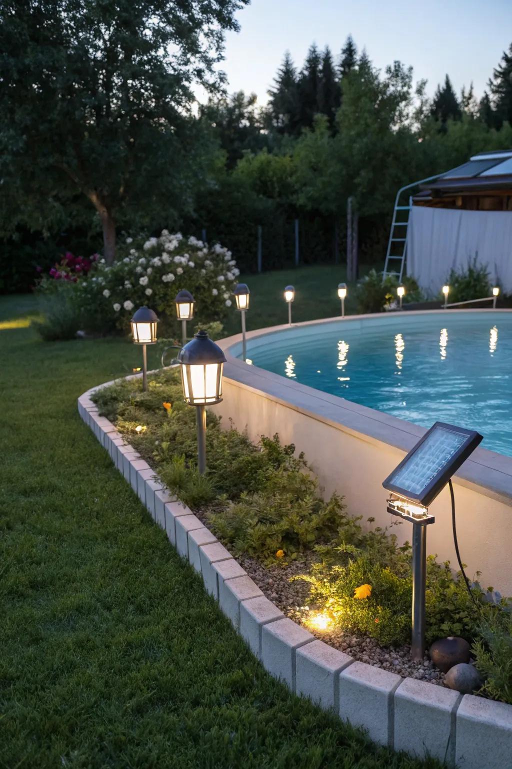Solar-powered wall lights provide sustainable lighting.