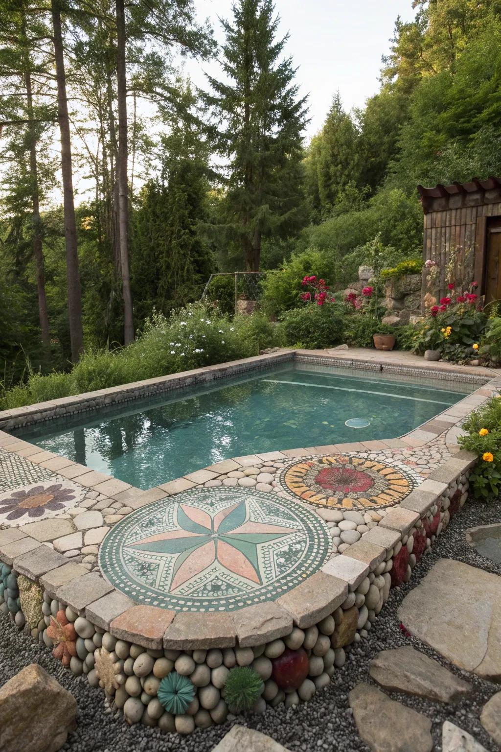 Pebble mosaics add an artistic and appealing touch to your pool area.