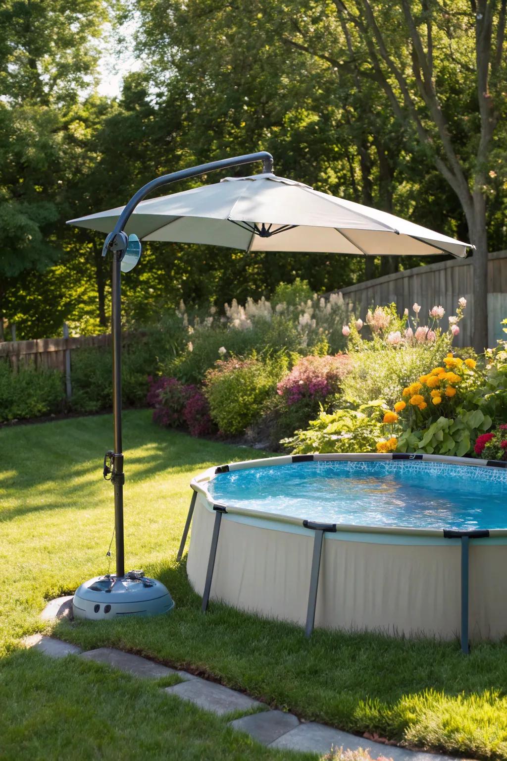 An adjustable umbrella offers adaptable poolside shade.