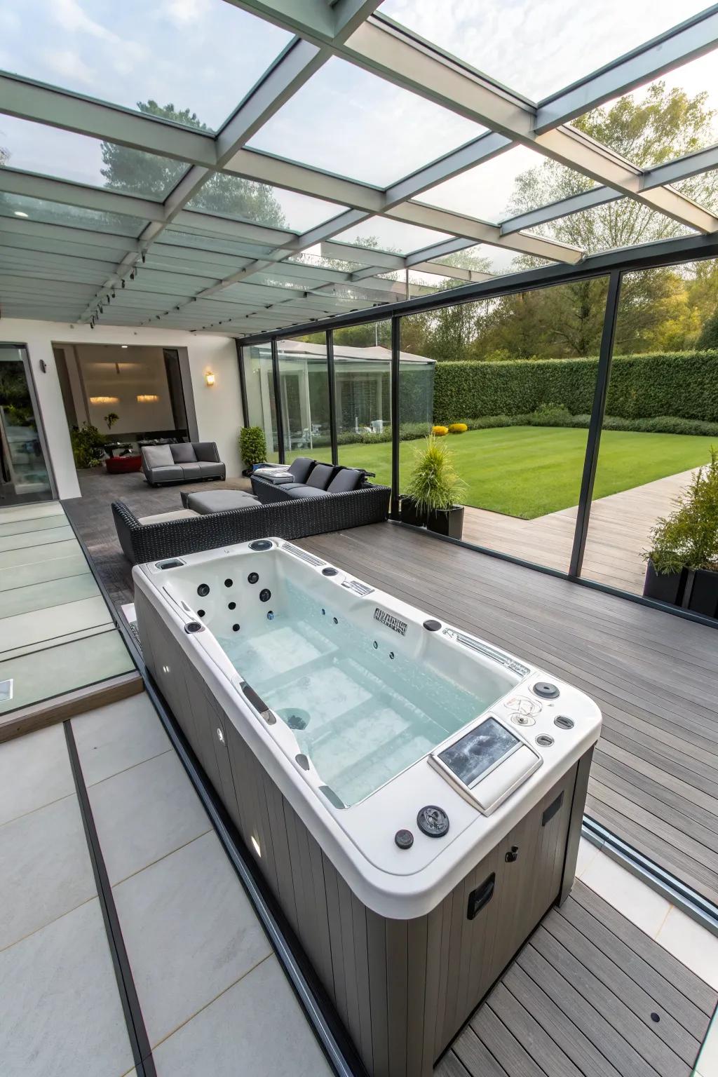 Smart technology integration brings modern convenience to your swim spa deck.