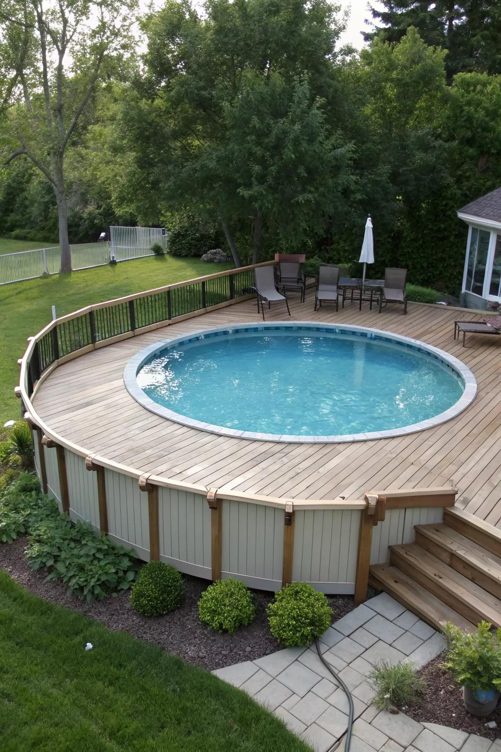 Choose a circular deck for a unique and cohesive poolside design.