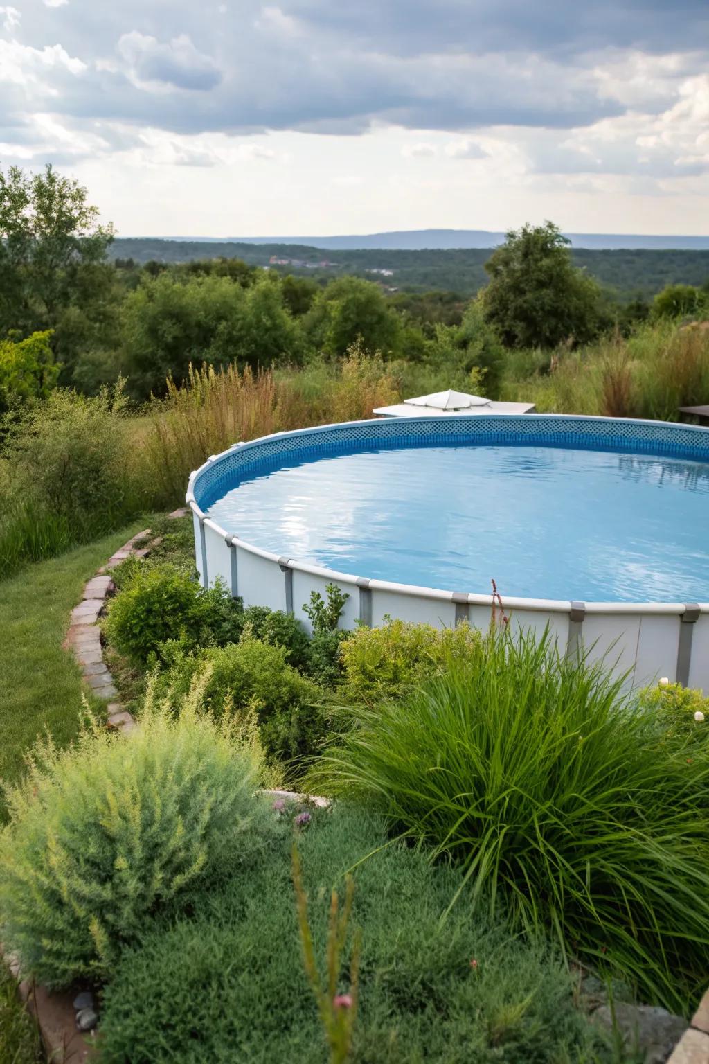 Lush greenery that beautifully conceals the pool's exterior.