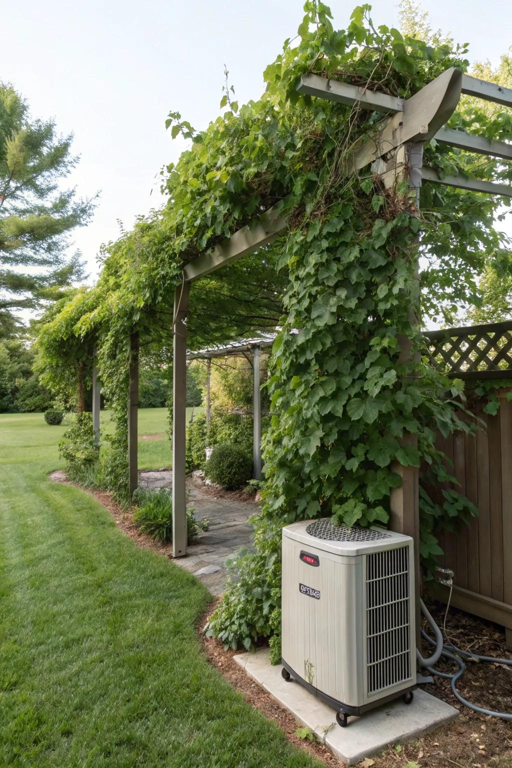 A trellis with vines adds natural elegance to the hardscape.