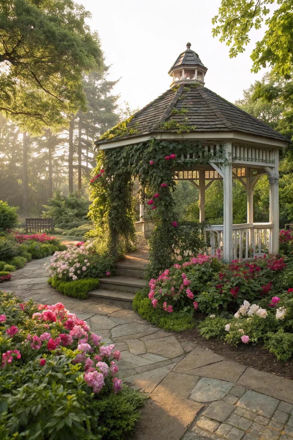 A charming gazebo provides a perfect spot for relaxation amidst a lush garden.
