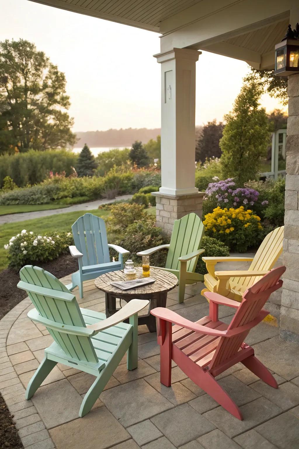 Create a relaxing patio lounge with Adirondack chairs.