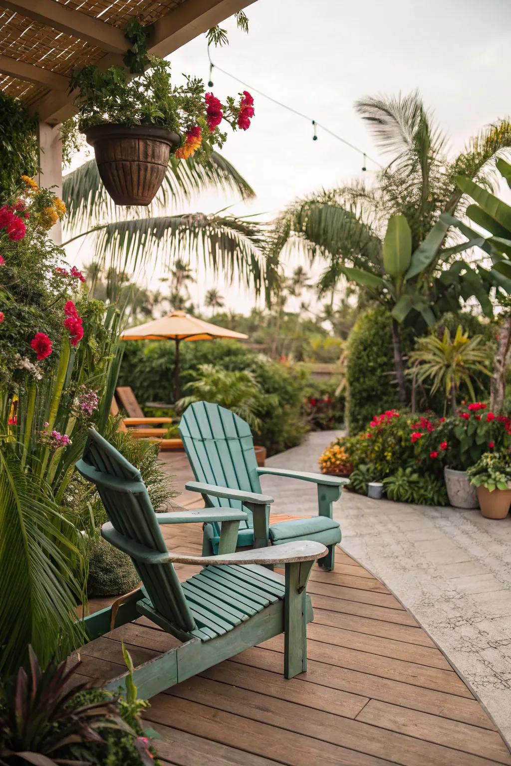 Create a tropical paradise with Adirondack chairs and lush plants.