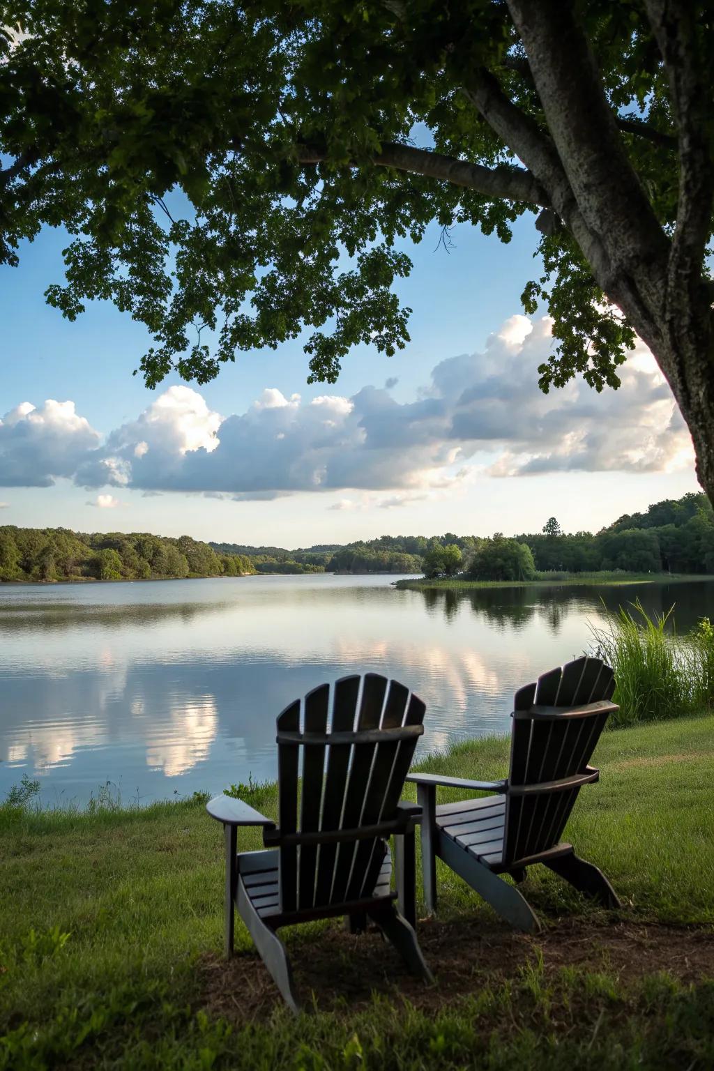 Adirondack chairs offer ultimate leisure by the lakeside.