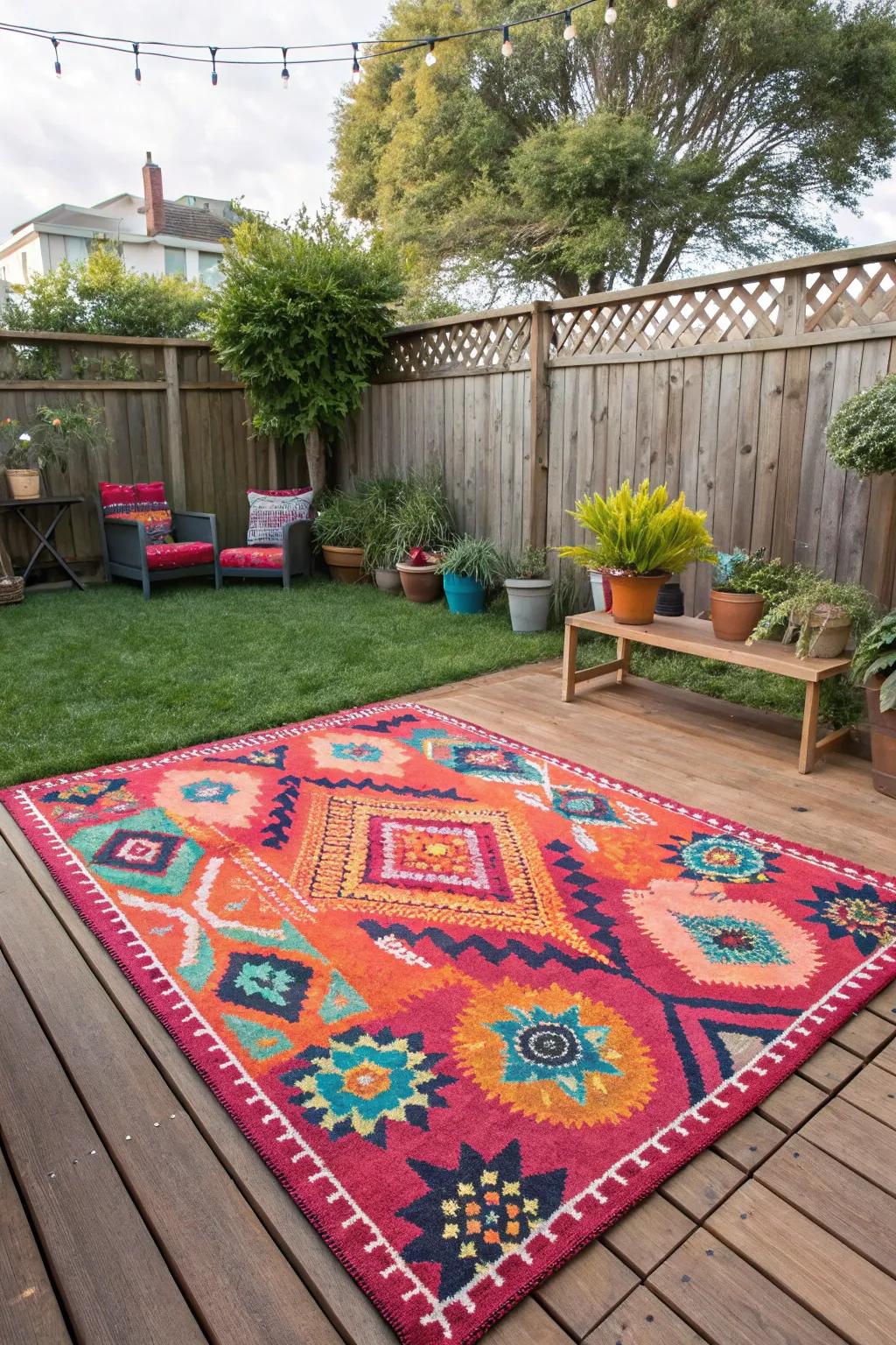 Bold outdoor rug adding color and defining space in the backyard.