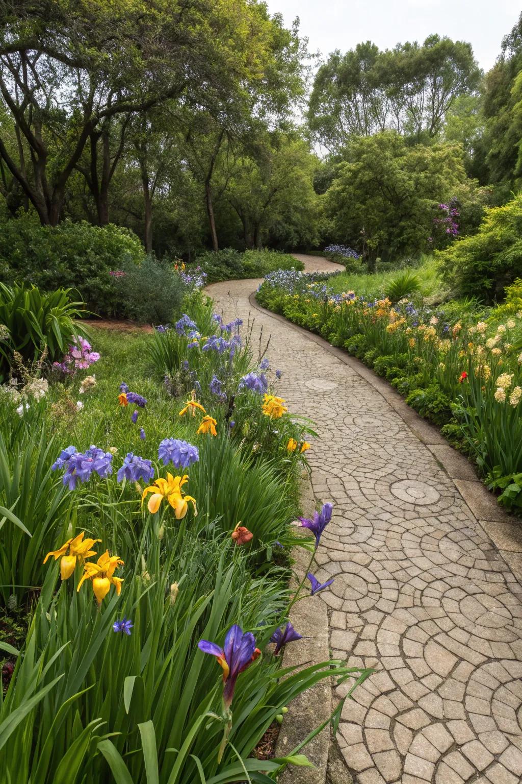 African irises add texture and interest to garden pathways.