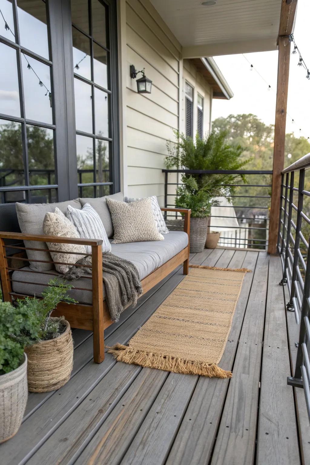 Mixing textures adds depth and warmth to your porch.