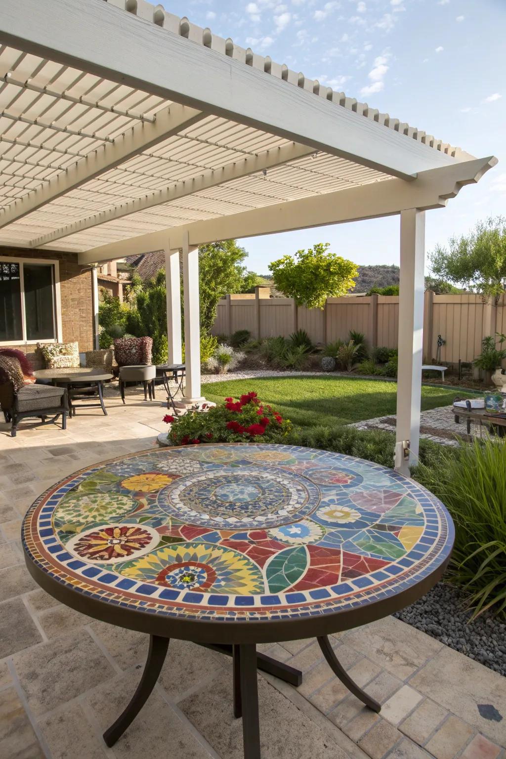 Brighten up your patio with a mosaic tile tabletop centerpiece.