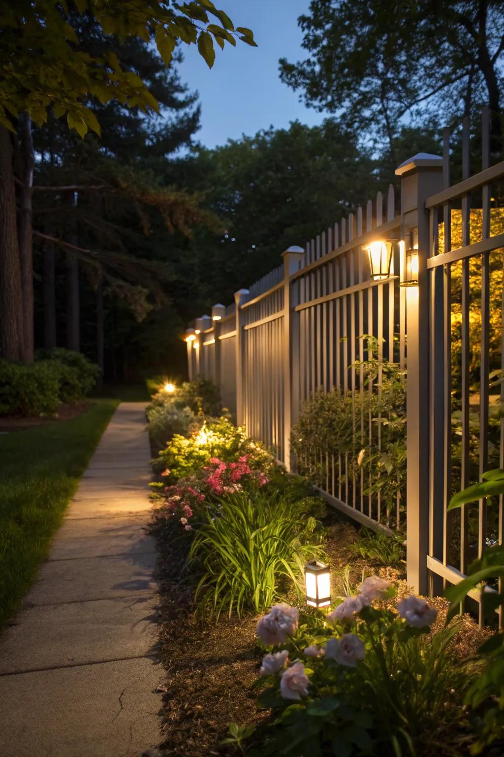 Nighttime charm: built-in lighting on aluminum fencing.