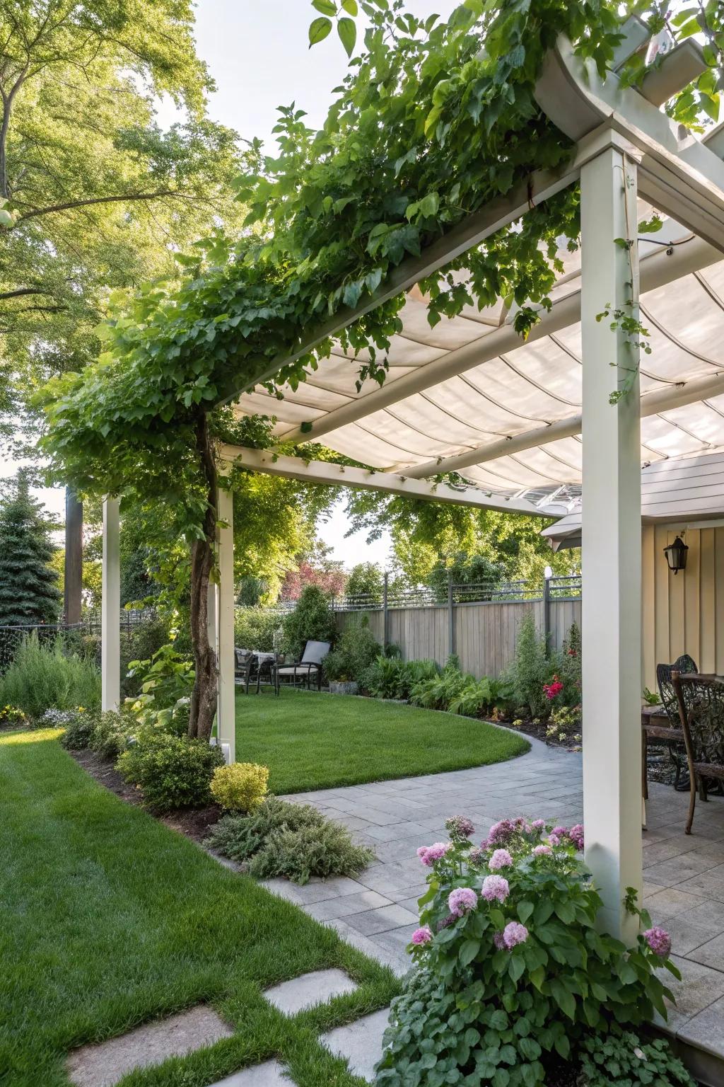 An aluminum pergola with a seasonal canopy for versatile use.