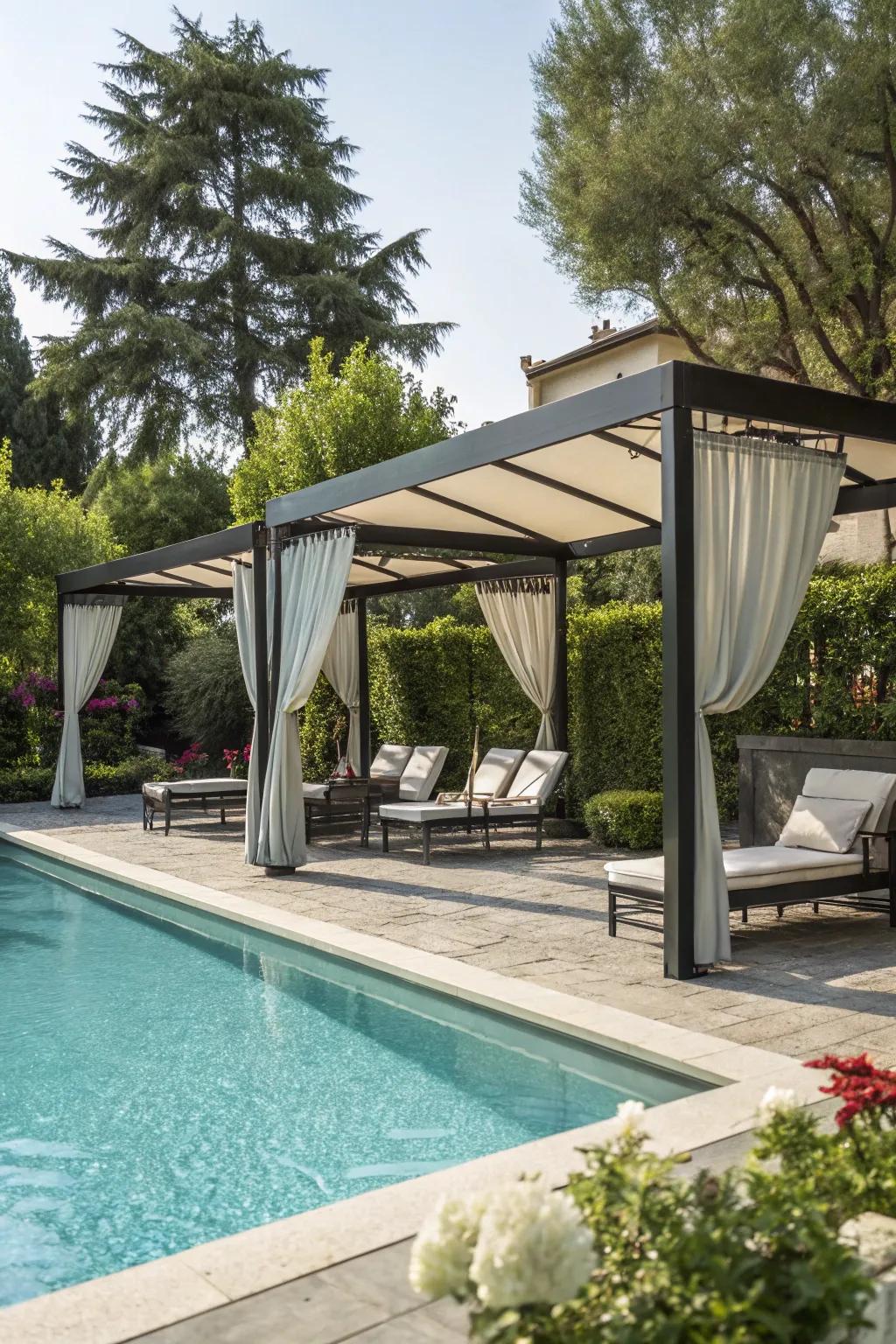 A pool with heavenly canopy shades, offering style and comfort.