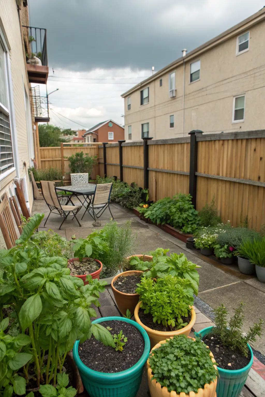 A thriving mini herb garden in an apartment backyard, perfect for fresh cooking ingredients.