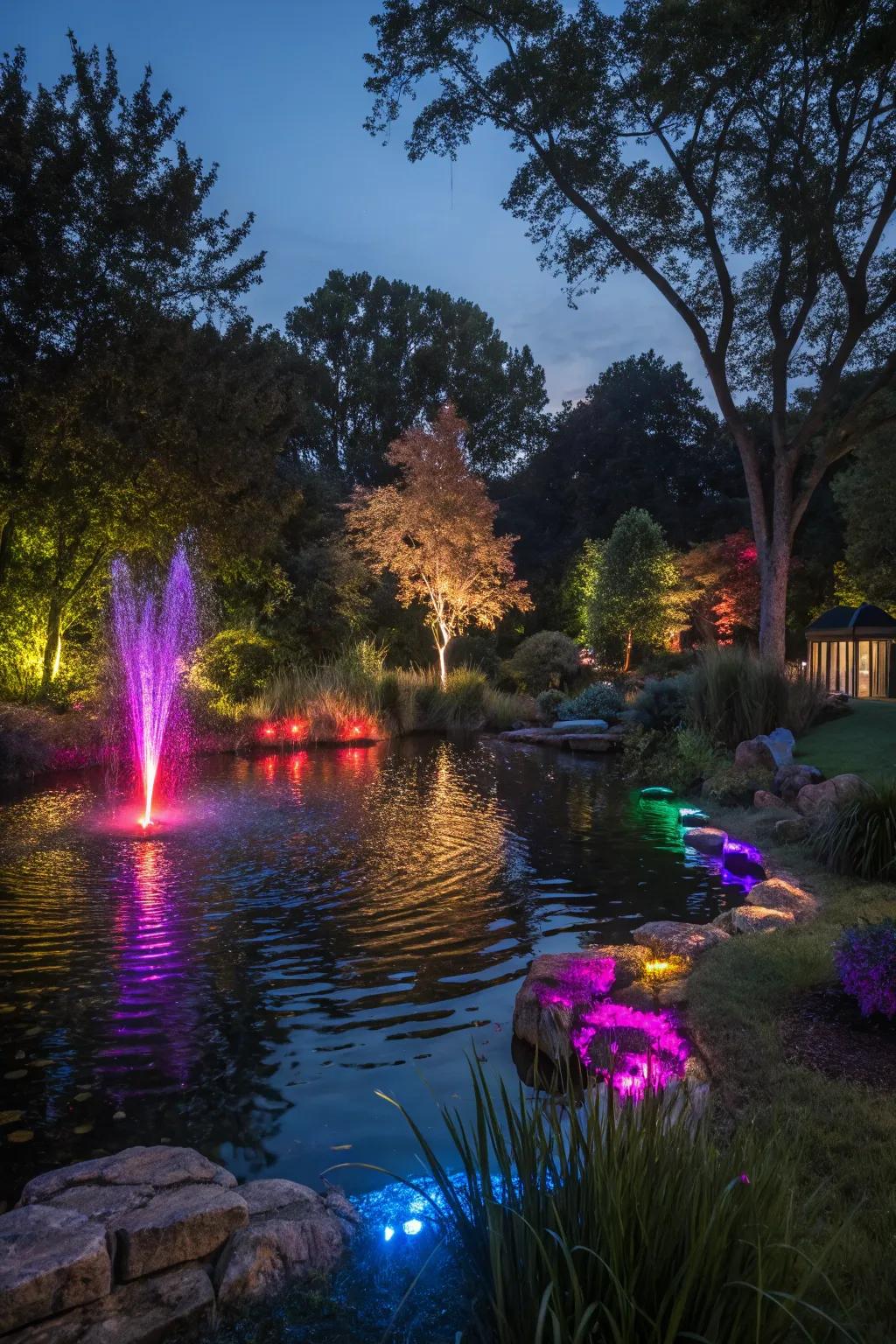 A magical LED-lit pond perfect for evening gatherings.