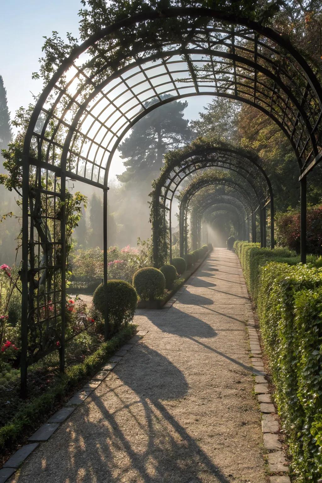 Artistic shadows cast by an intricate trellis.